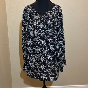 Talbots Tunic Blouse Black White Tan Floral Design Long Sleeves